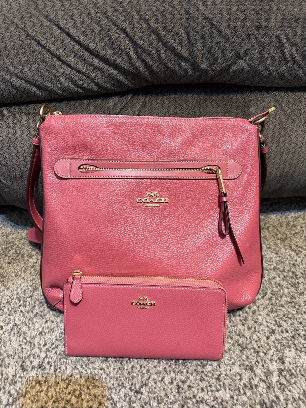 COACH Pink Pebbled Leather Crossbody with Matching Zip Wallet
